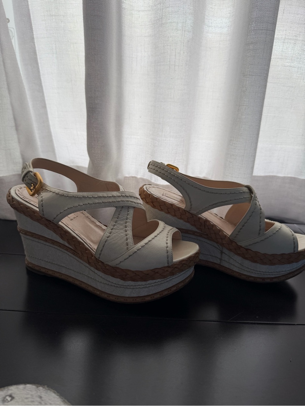 Prada Cream Leather Crisscross Wedge Sandals - Picture 3 of 4
